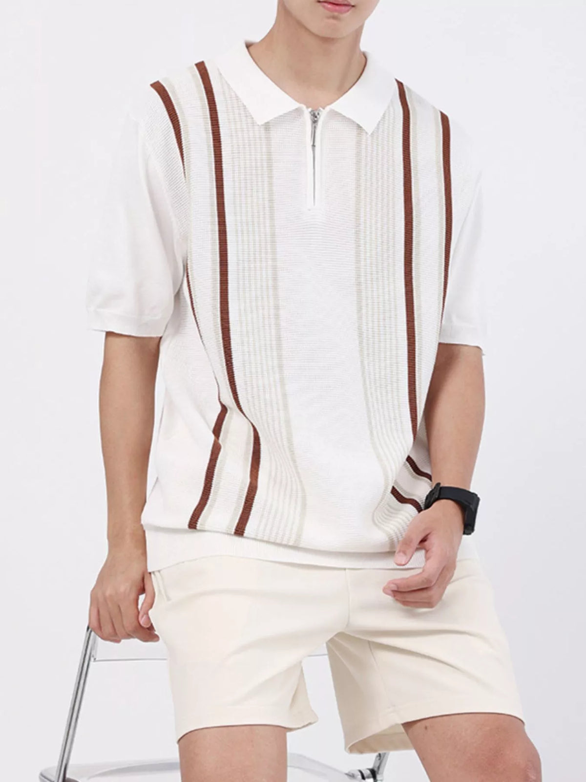 Men's Striped Knit Zipper Polo Plus Size in White