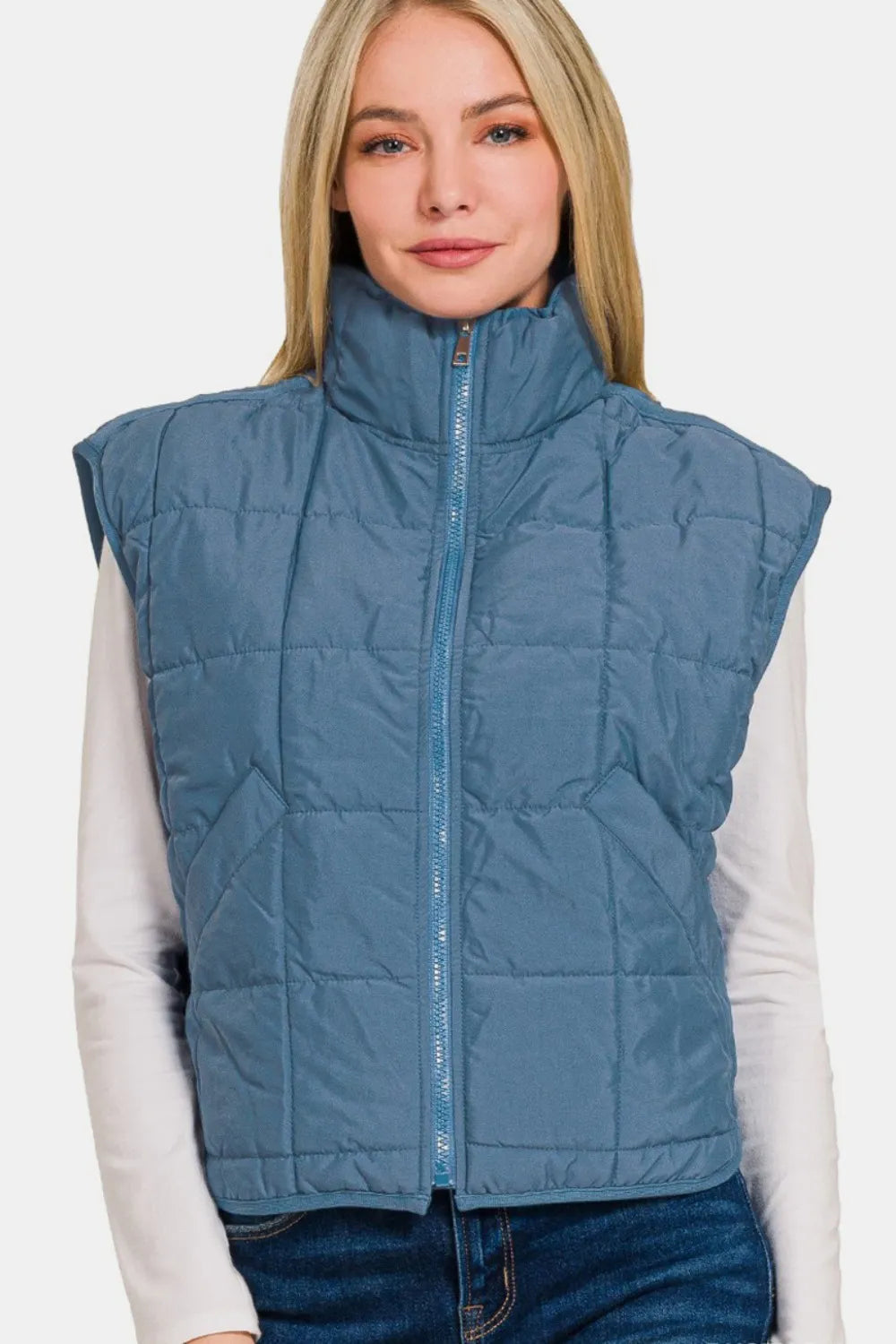 Zenana Zip Up Cropped Puffer Vest with Pockets in Dusty Blue, view 3