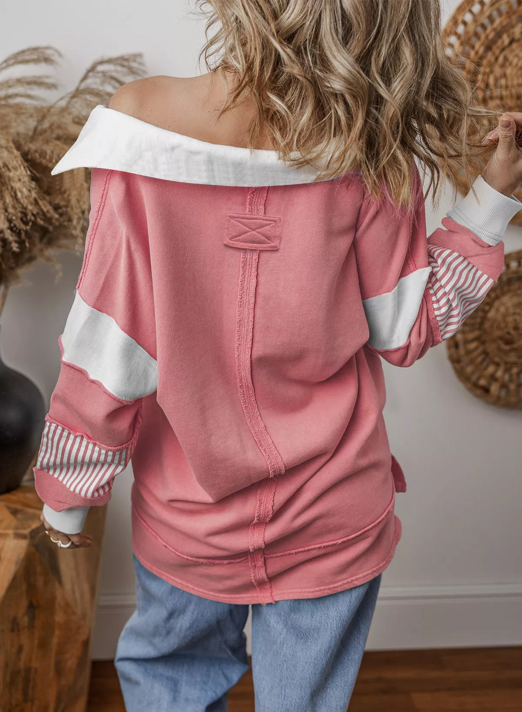 Color Block Striped Johnny Collar Sweatshirt - Lilixa.store