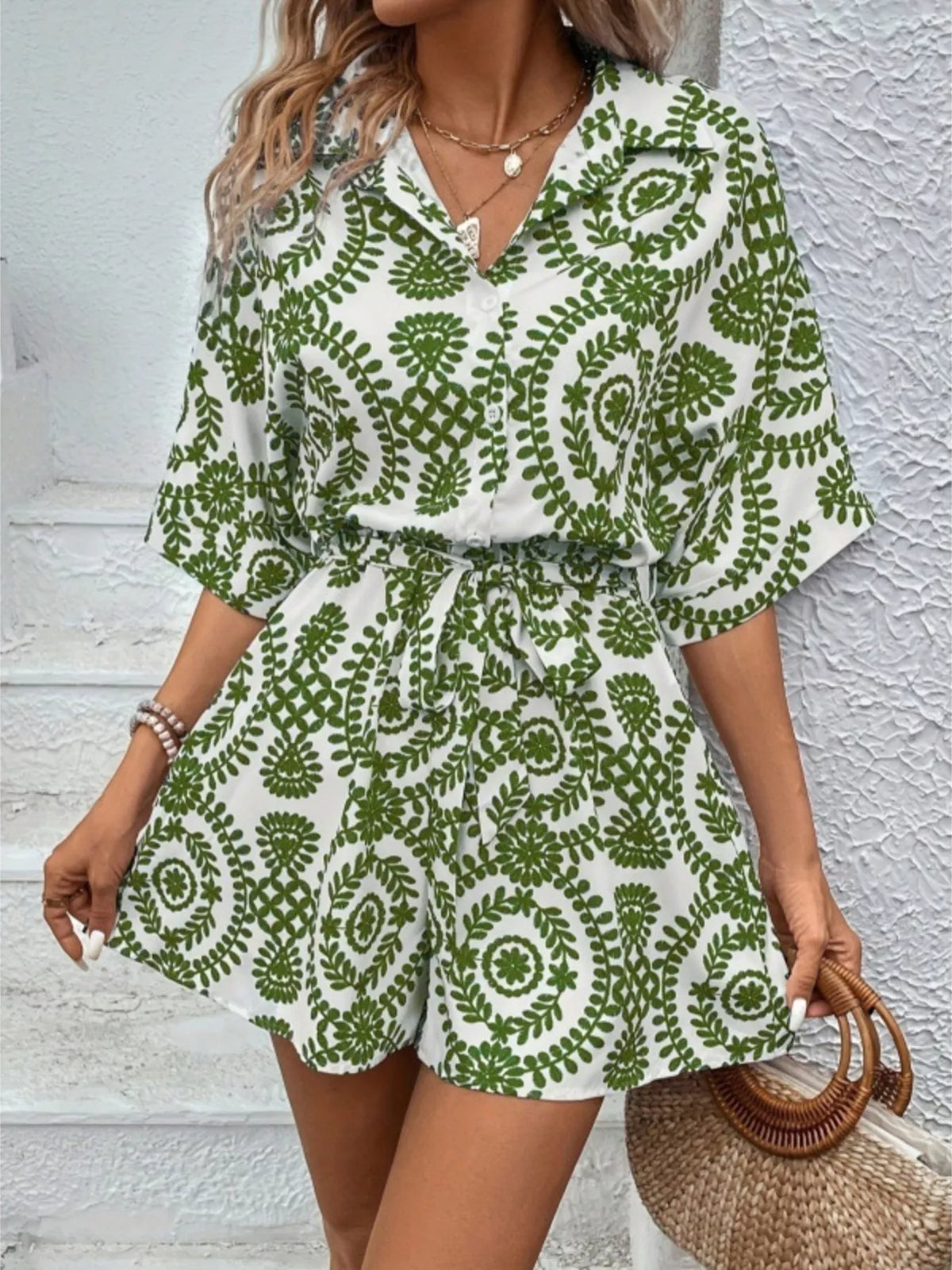 Printed Tie Waist Button Front Romper - Lilixa.store