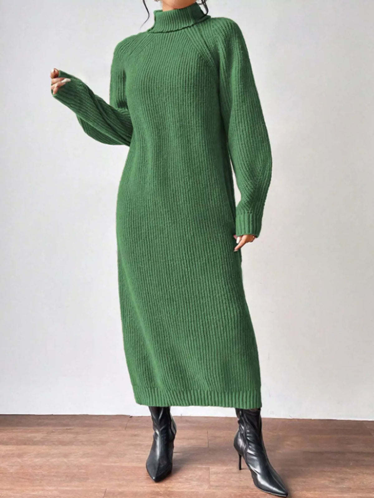 Turtleneck Ribbed Knit Midi Sweater Dress
