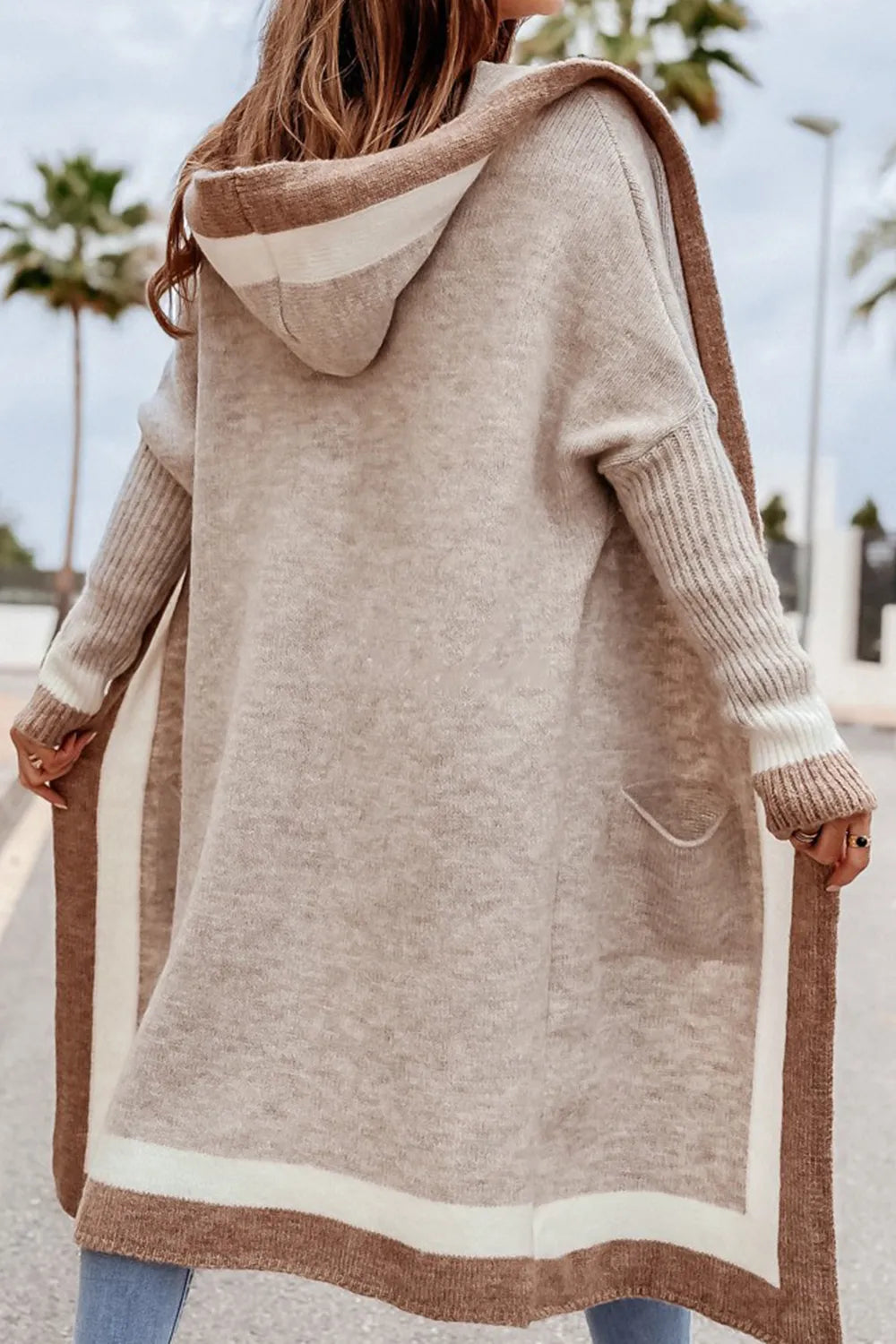 Pocketed Contrast Long Sleeve Hooded Cardigan - Lilixa.store