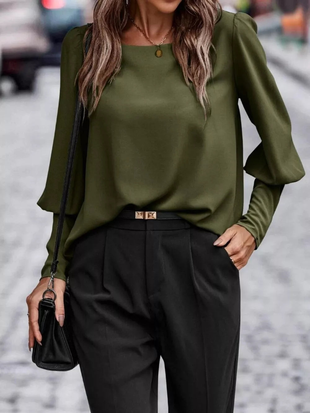 Round Neck Lantern Sleeve Blouse in Black Forest