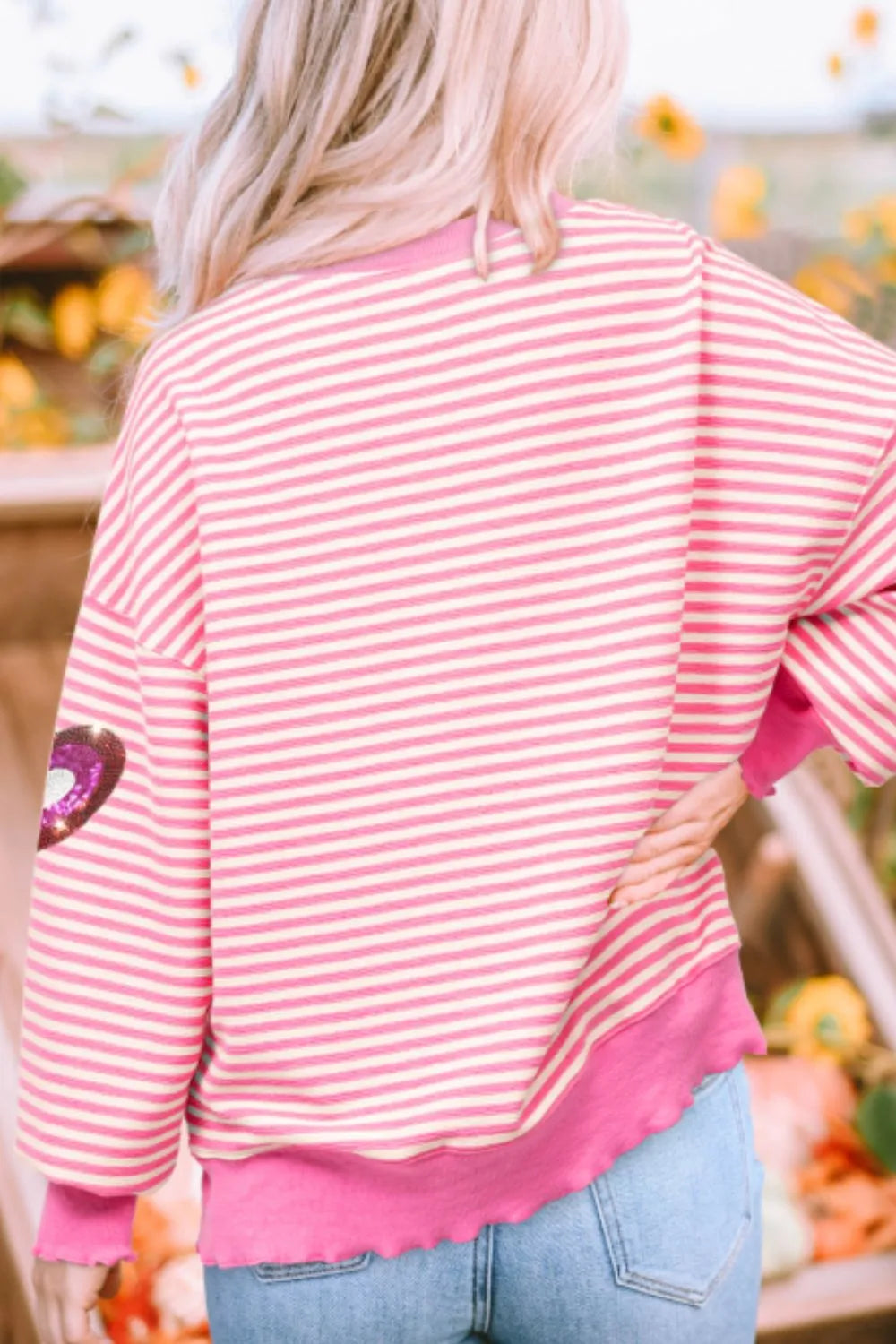 Valentine’s Day Sequin Heart Striped Round Neck Long Sleeve Sweatshirt - Lilixa.store