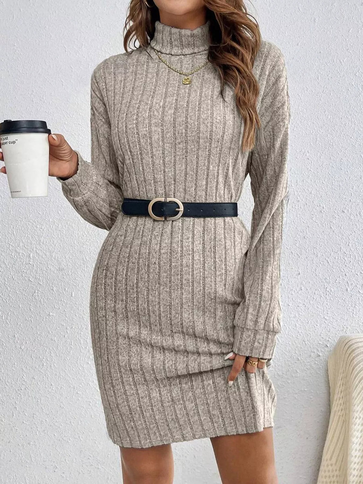 Turtleneck Ribbed Knit Dress - Lilixa.store