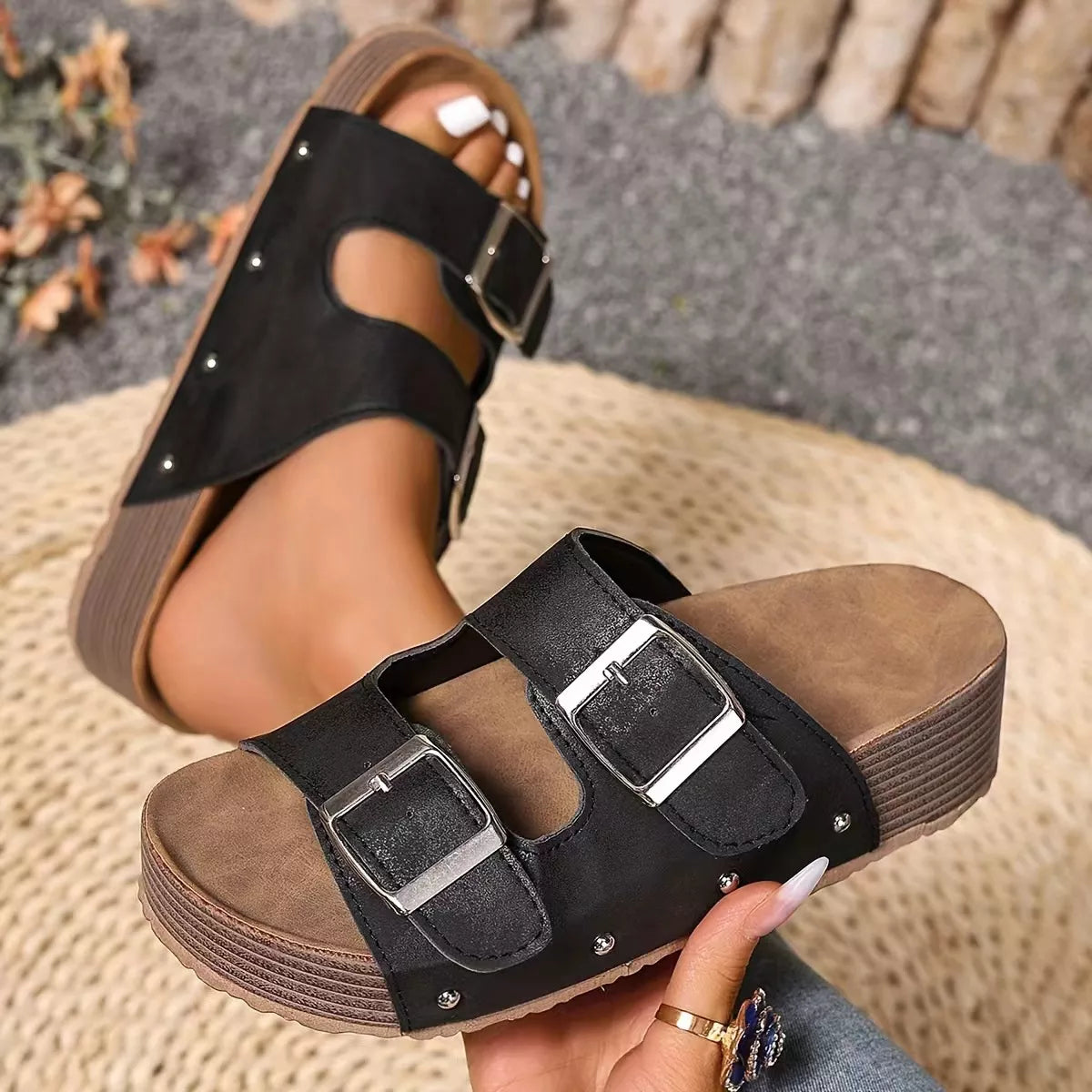Double Buckle Open Toe Platform Sandals, view 2