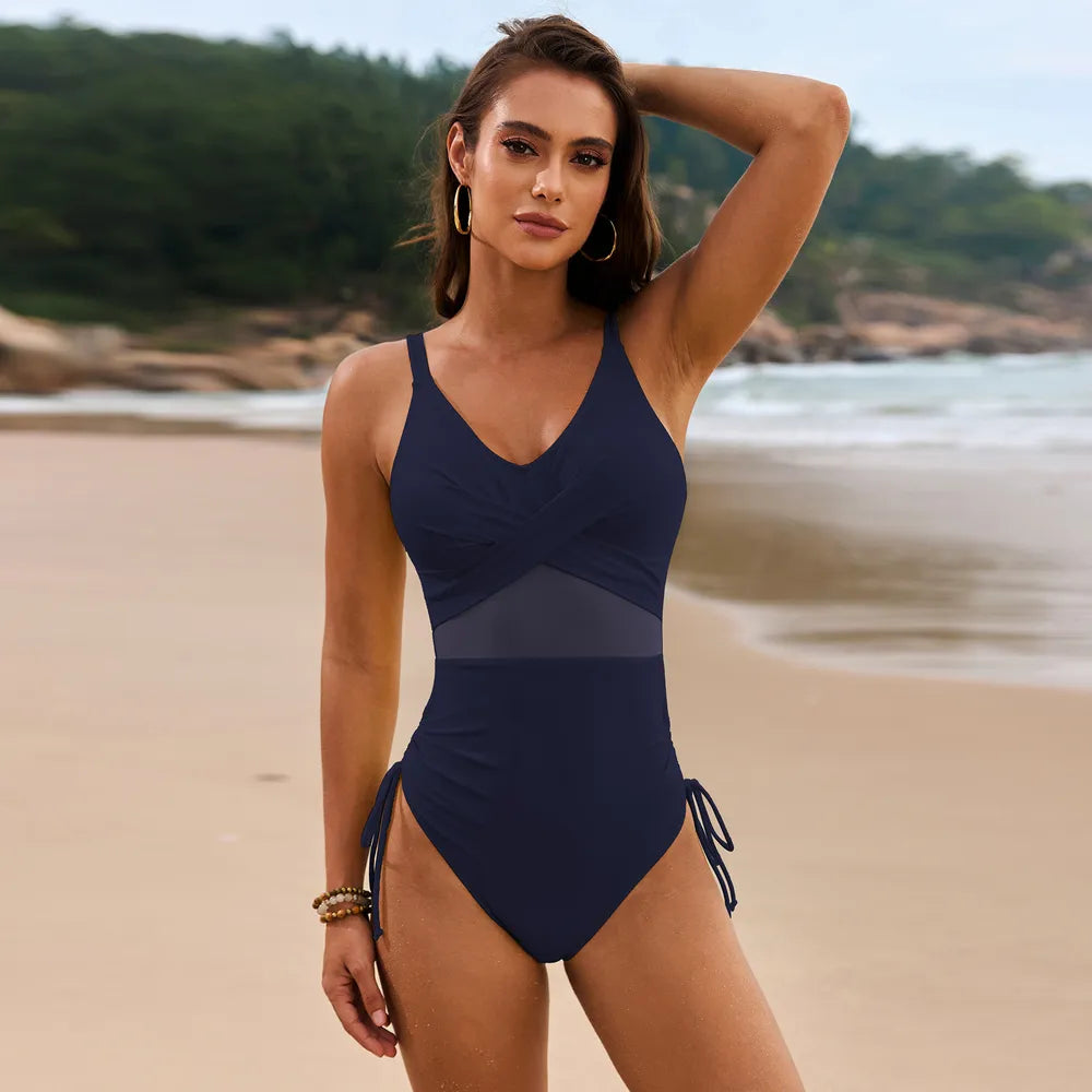 Drawstring Ruched V-Neck One-Piece Swimwear - Lilixa.store