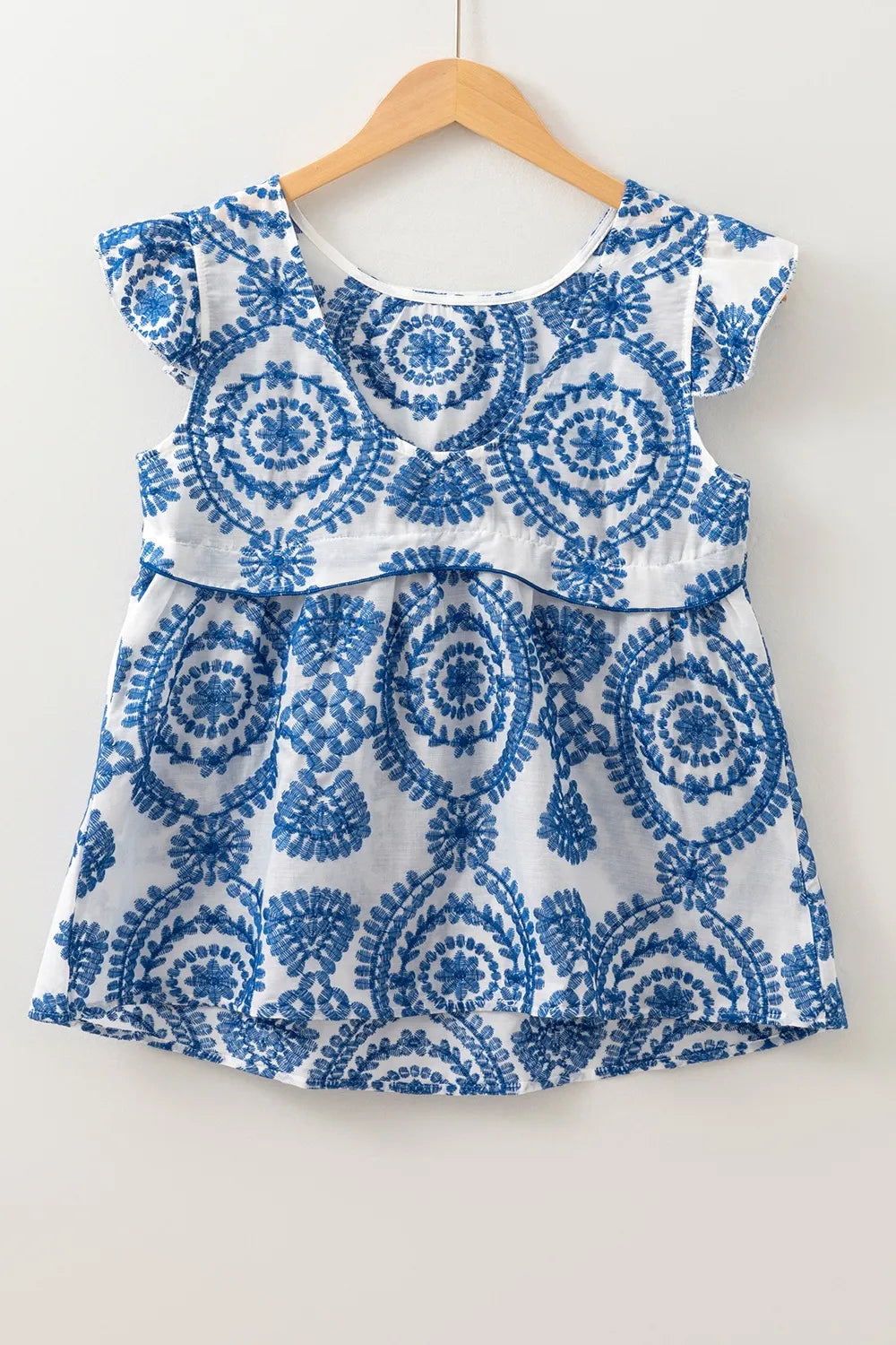 Boho Print Ruffled Cap Sleeve Crew Neck Blouse - Lilixa.store