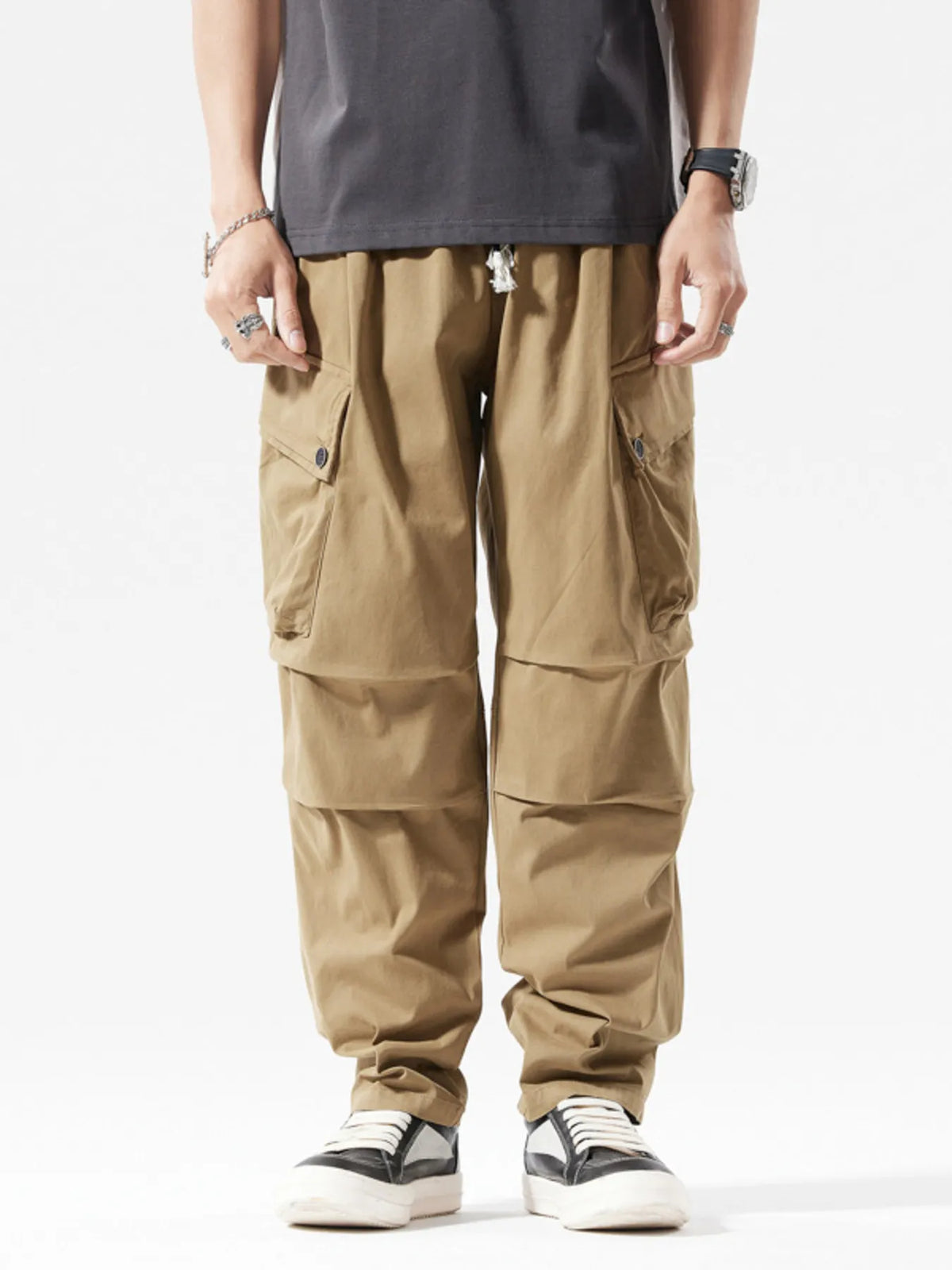 Men's Full Size Loose Fit Multi-Pocket Cargo Pants Plus Size in Khaki