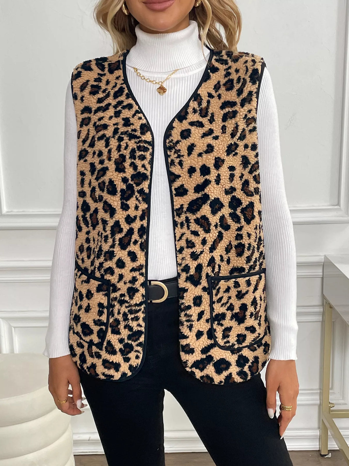 Leopard Fleece Vest Coat with Pockets in Coffee Brown