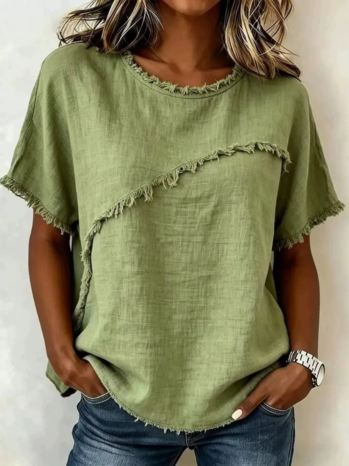 Full Size Frayed Hem Short Sleeve Top Plus Size - Lilixa.store