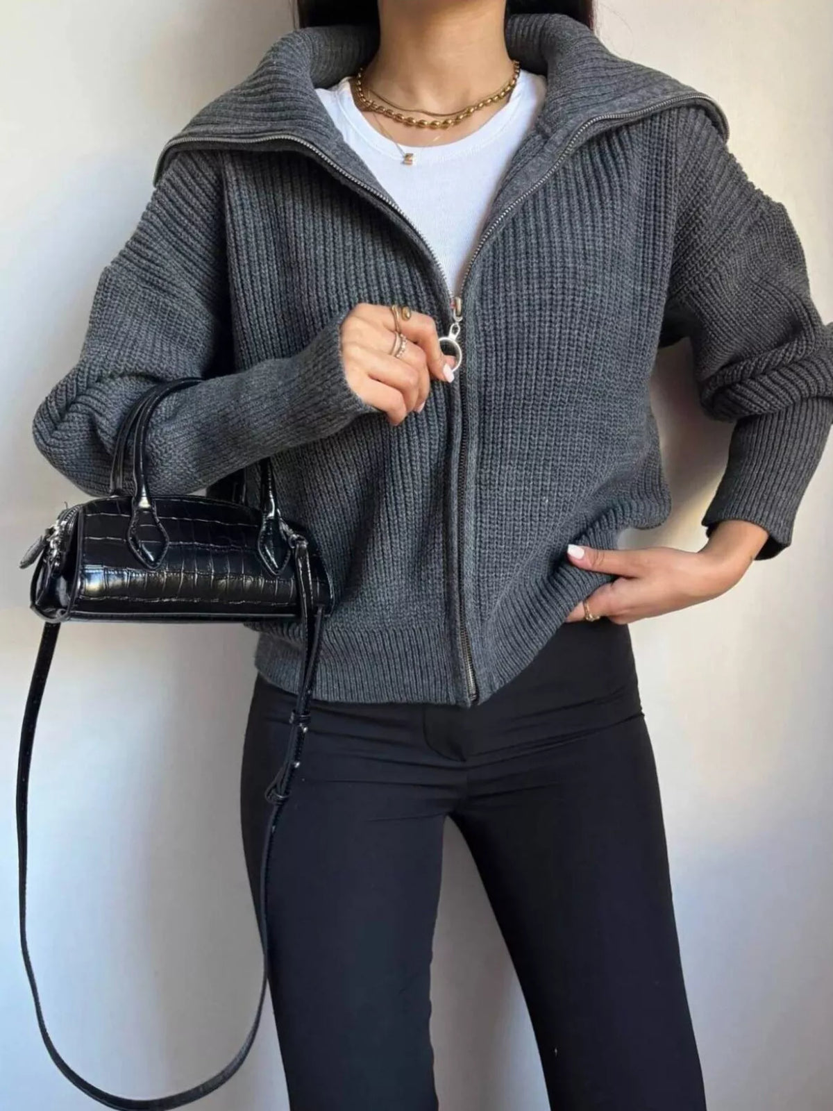 Zip Up Dropped Shoulder Cardigan - Lilixa.store