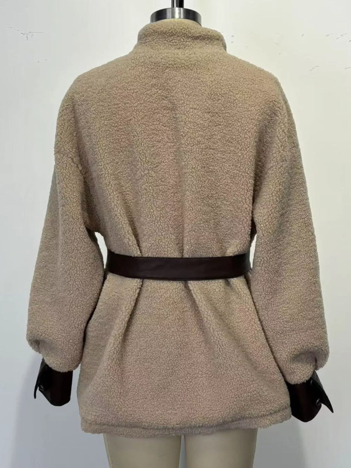 Leather Trim Sherpa Outerwear with Pockets in Khaki, view 5