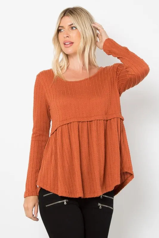 Be Stage Full Size Texture Babydoll Round Neck Long Sleeve Knit Top - Lilixa.store