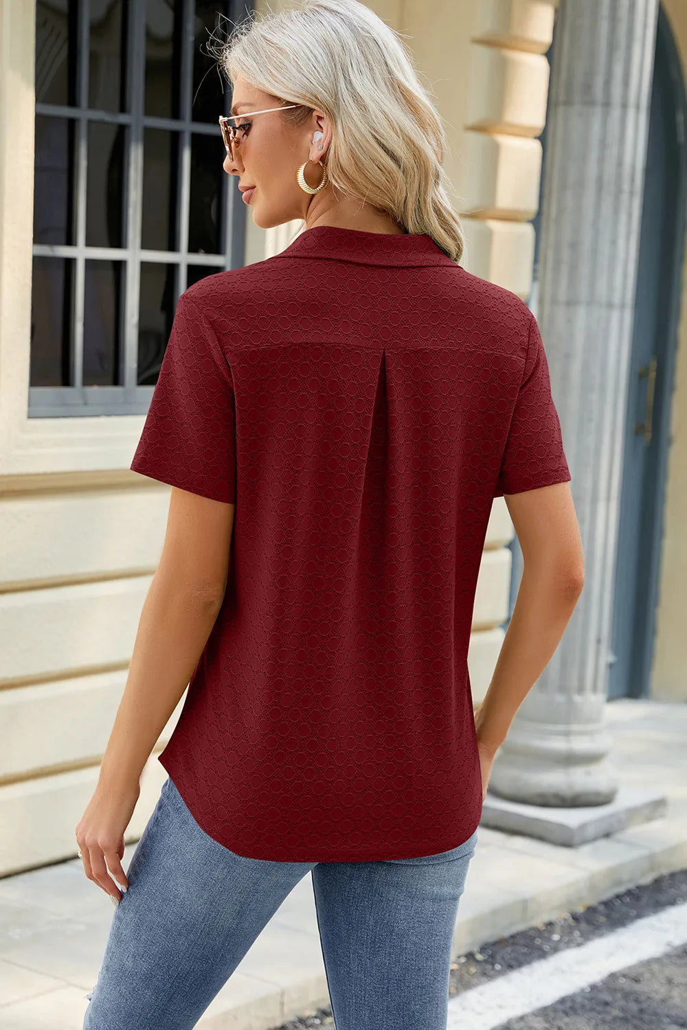 Pocketed Johnny Collar Short Sleeve Blouse - Lilixa.store