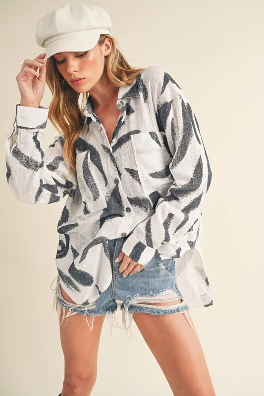 Aemi + Co High-Low Printed Button Up Long Sleeve Shirt in White, view 2