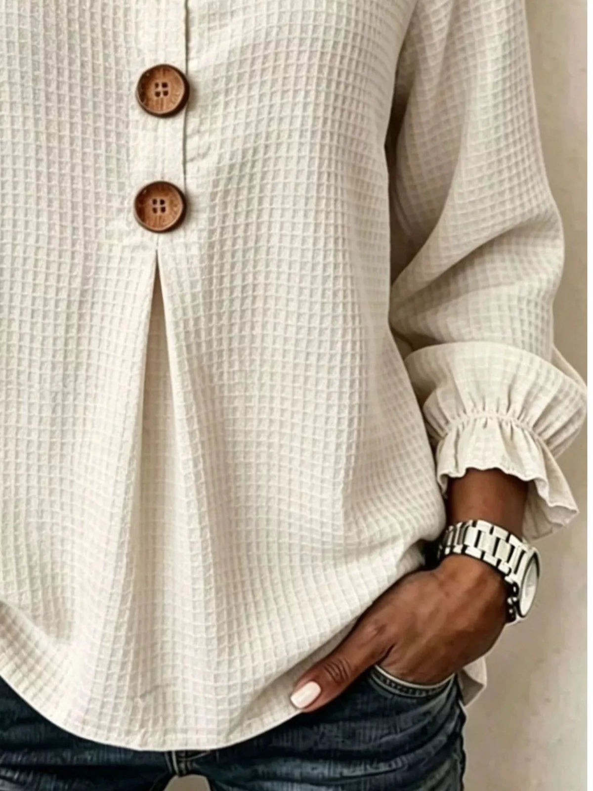 Full Size Waffle Knit Flounce Sleeve Blouse Plus Size, view 4