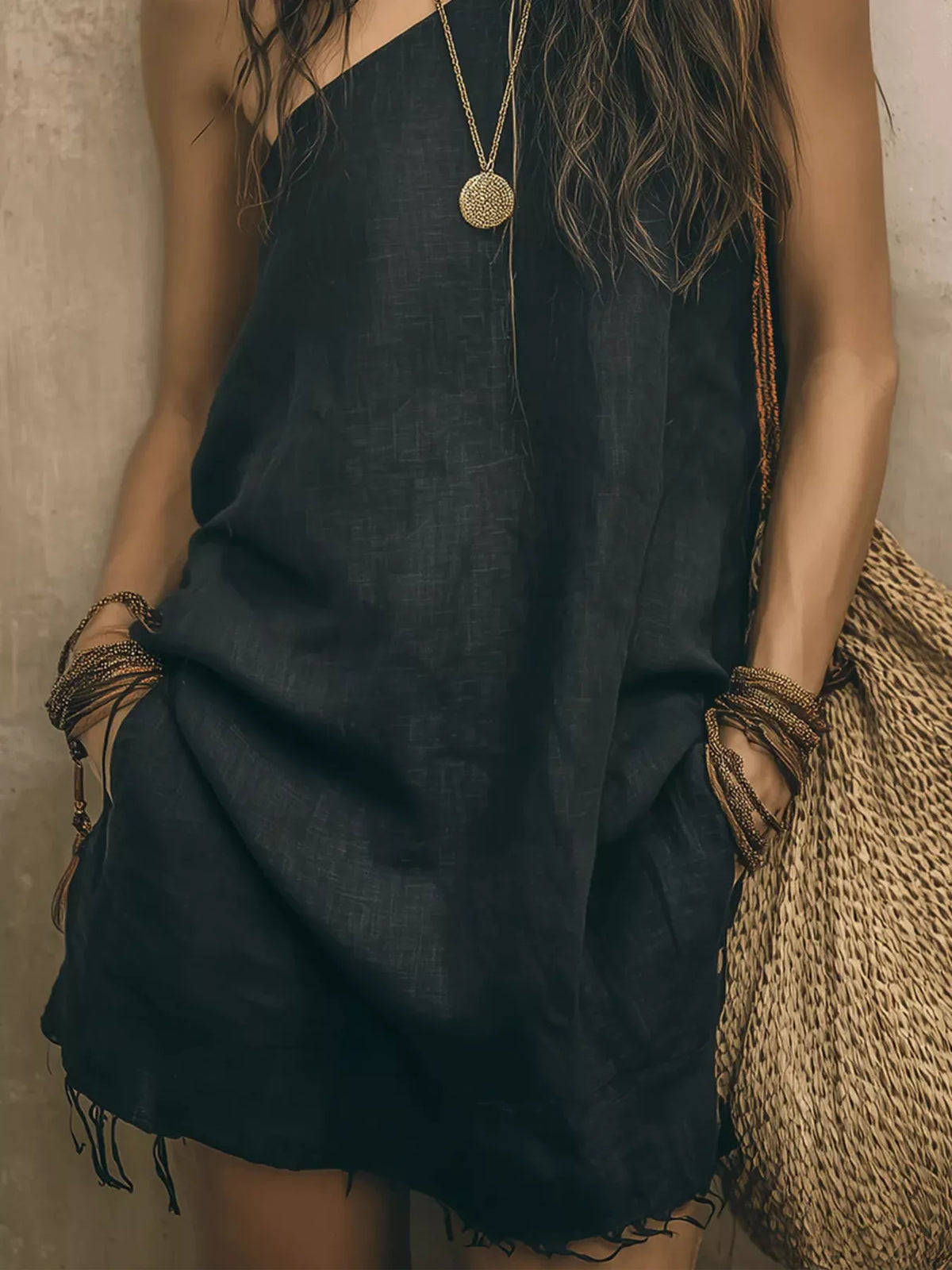 One-Shoulder Mini Dress with Frayed Hem - Lilixa.store