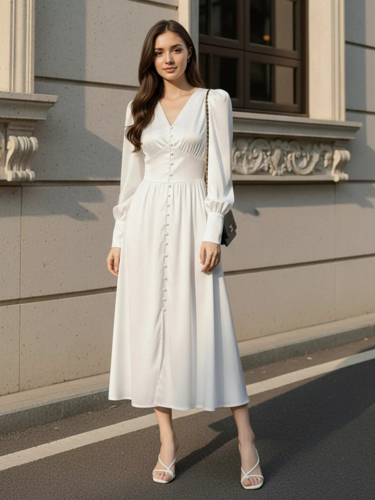 V-Neck Lantern Sleeve Midi Dress, view 2