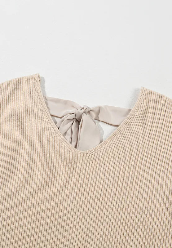 Tied Back V-Neck Long Sleeve Sweater - Lilixa.store