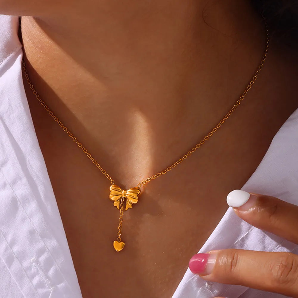 Titanium Steel Gold-Plated Bow Pendant Necklace - Lilixa.store