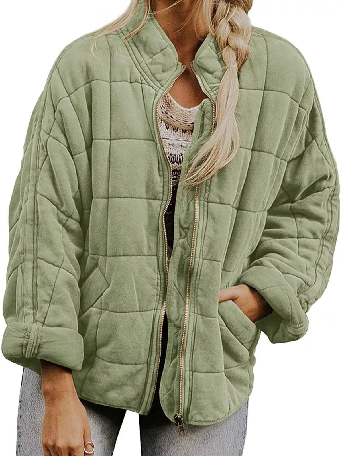 Quilted Zip Up Outerwear in Mint Green