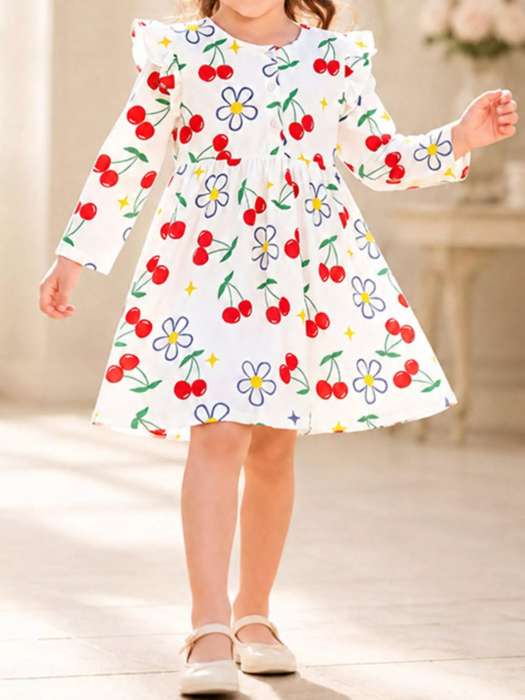 Children's Long-Sleeve Cherry and Flower Print A-Line Dress - Lilixa.store