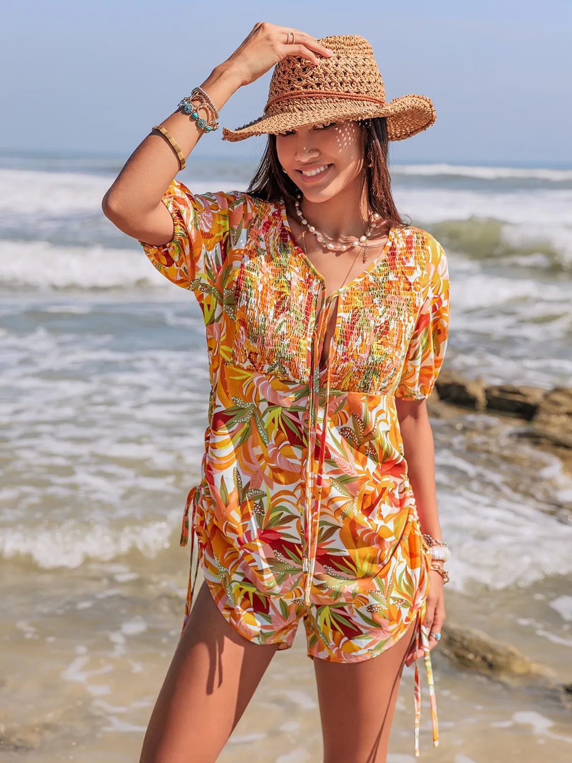 Smocked Printed Tie Neck Romper - Lilixa.store