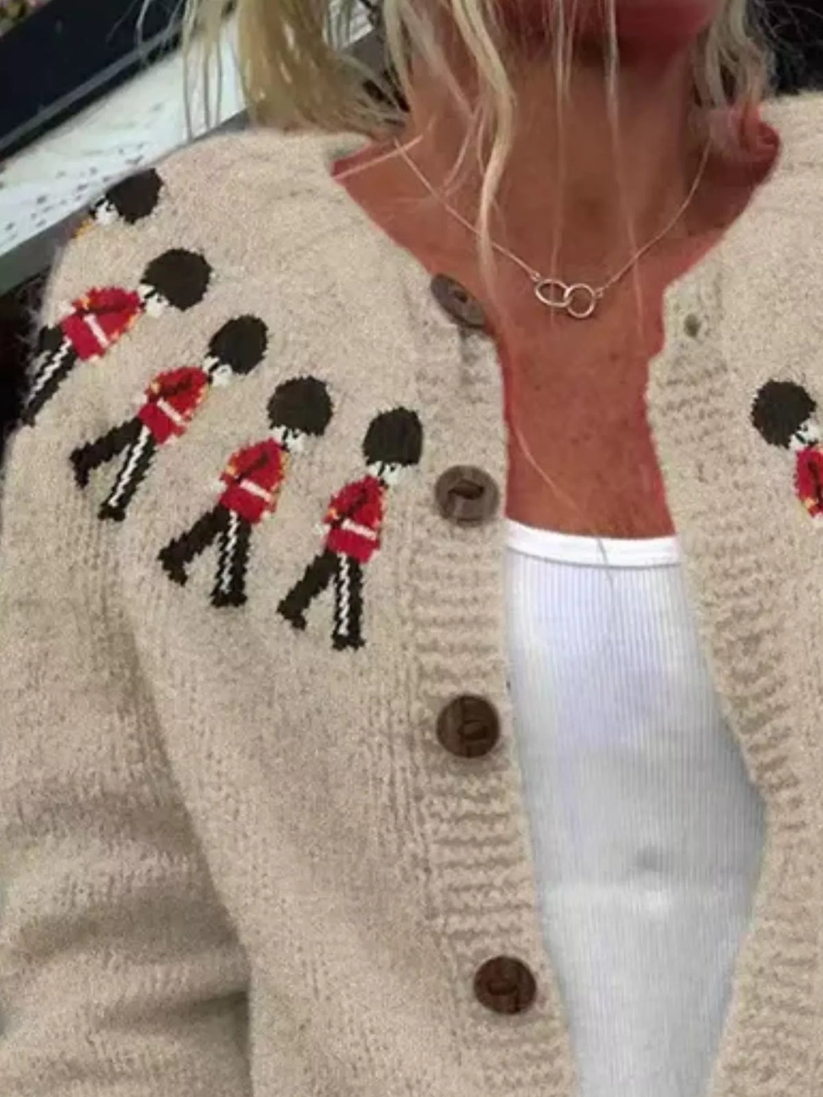 Full Size Vintage British Guard Pattern Knit Cardigan Plus Size in Tan, view 2