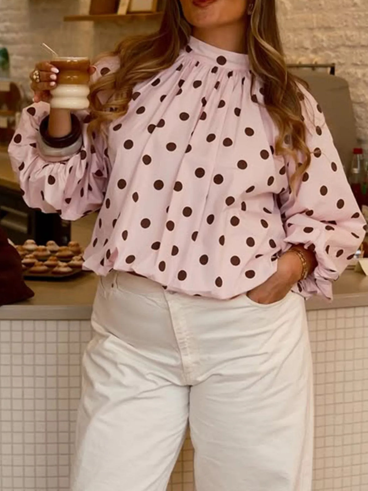 Polka Dot Open-Back Tied Blouse