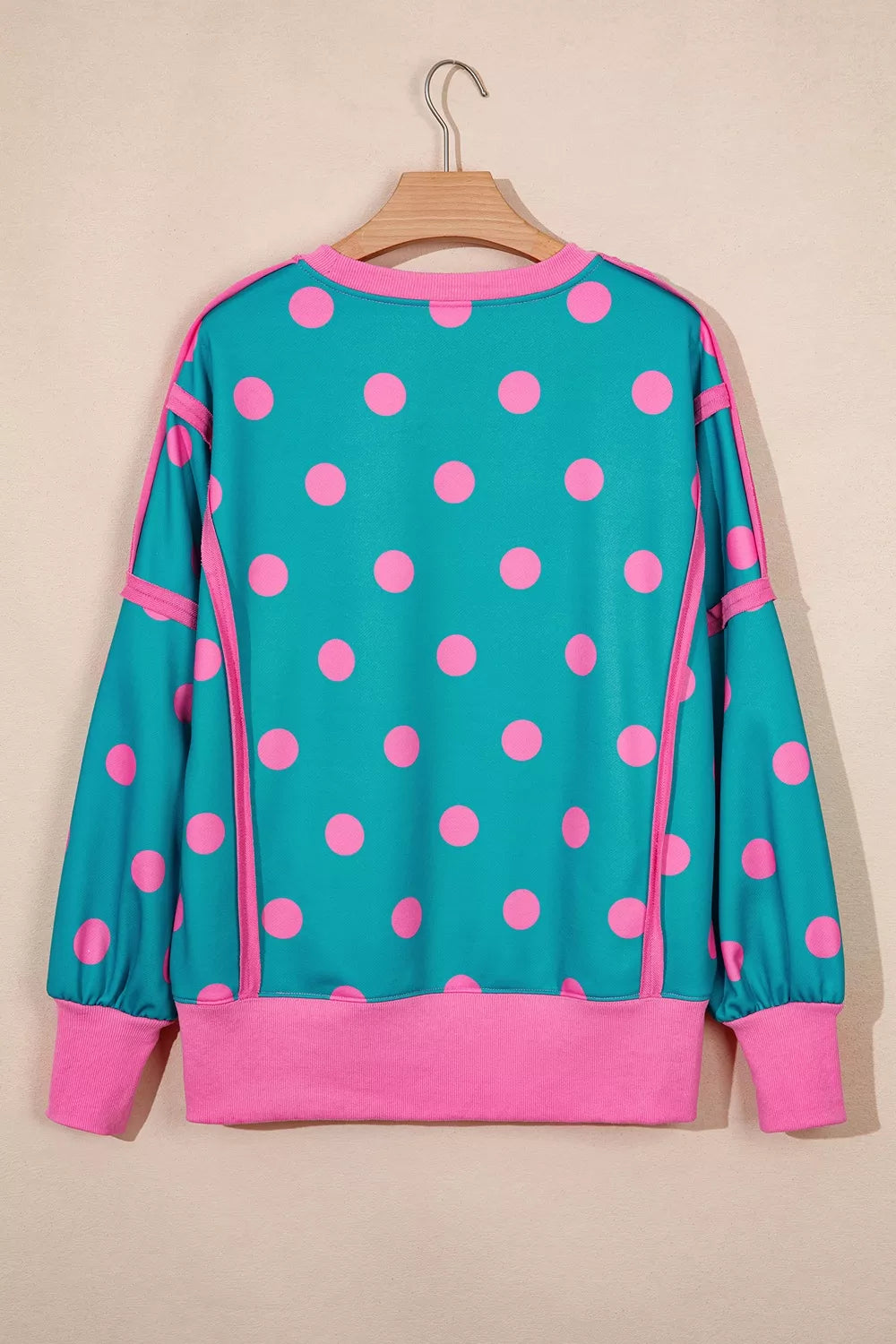 Polka Dot Contrast Patchwork Round Neck Baggy Sweatshirt in Sky Blue, view 8