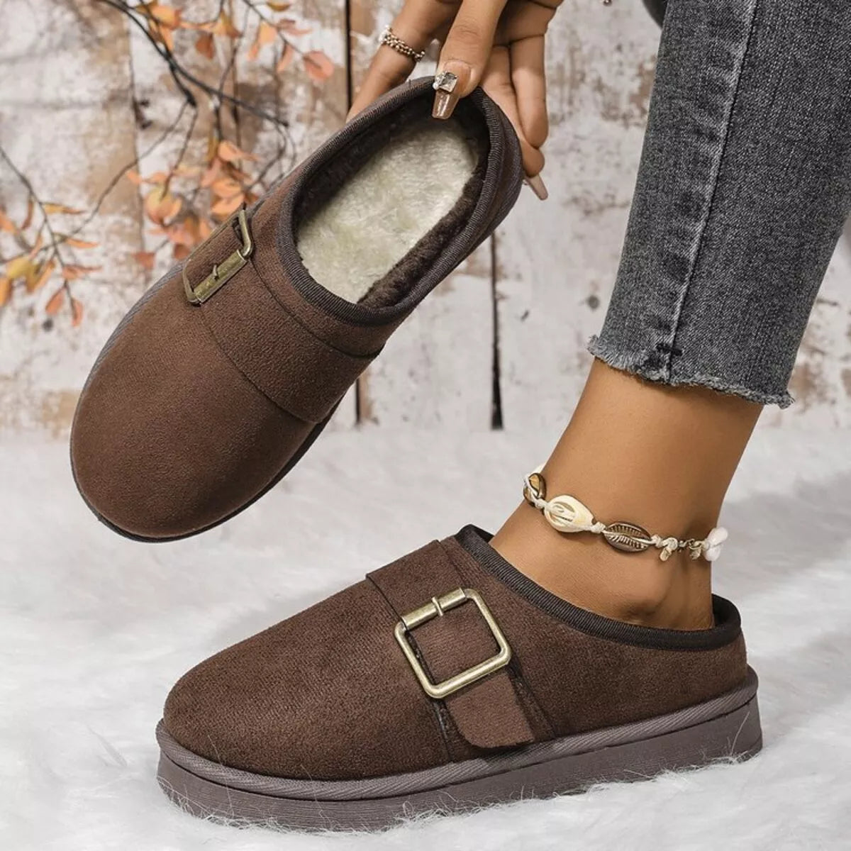 Buckle Decor Plush Lined Warm Slippers - Lilixa.store