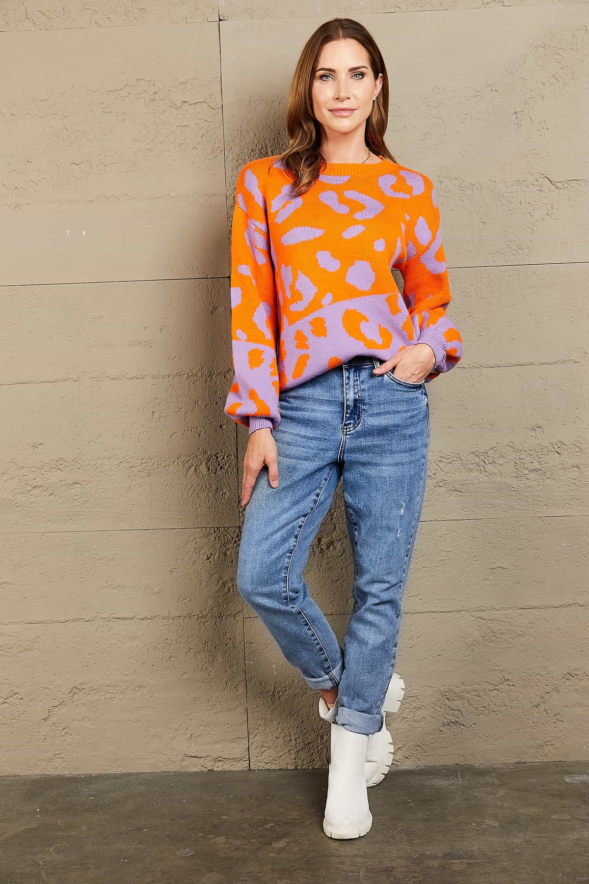 Angel Wings Woven Right Leopard Round Neck Dropped Shoulder Sweater, view 4