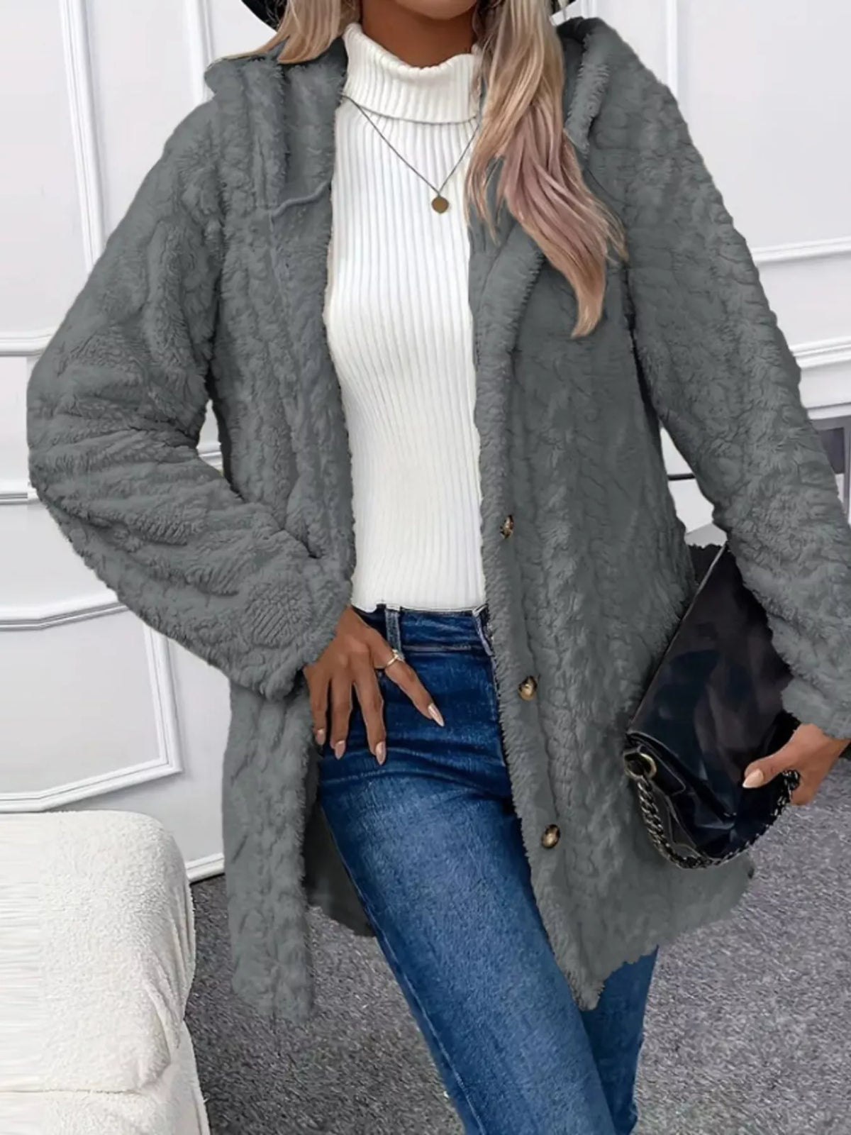 Full Size Button-Down Hooded Outerwear Plus Size in Gray