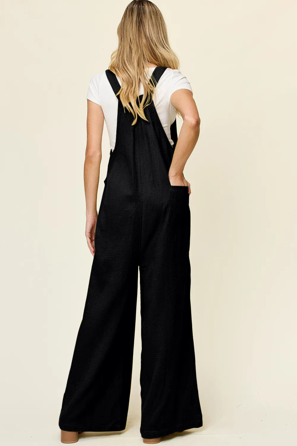 Double Take Full Size Texture Wide Strap Wide Leg Overall in Black, view 3