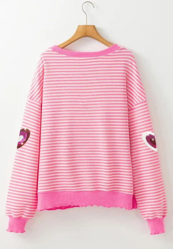 Valentine’s Day Sequin Heart Striped Round Neck Long Sleeve Sweatshirt - Lilixa.store