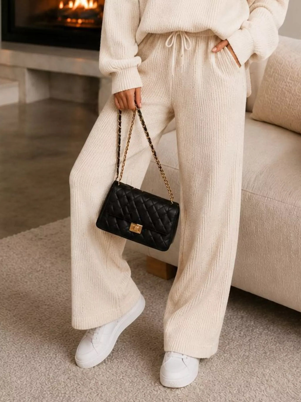 Ribbed Knit Quarter-Zip Top and Wide-Leg Pants Set - Lilixa.store
