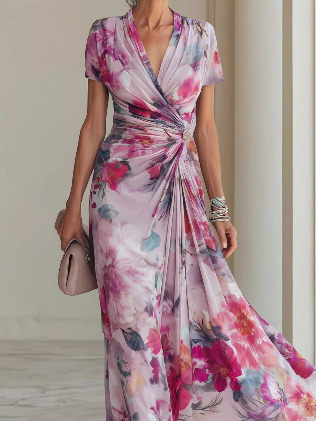 Floral Print Ruched Short Sleeve Maxi Dress - Lilixa.store