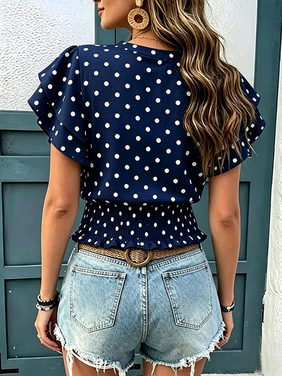 Polka Dot Ruffle Sleeve Blouse - Lilixa.store