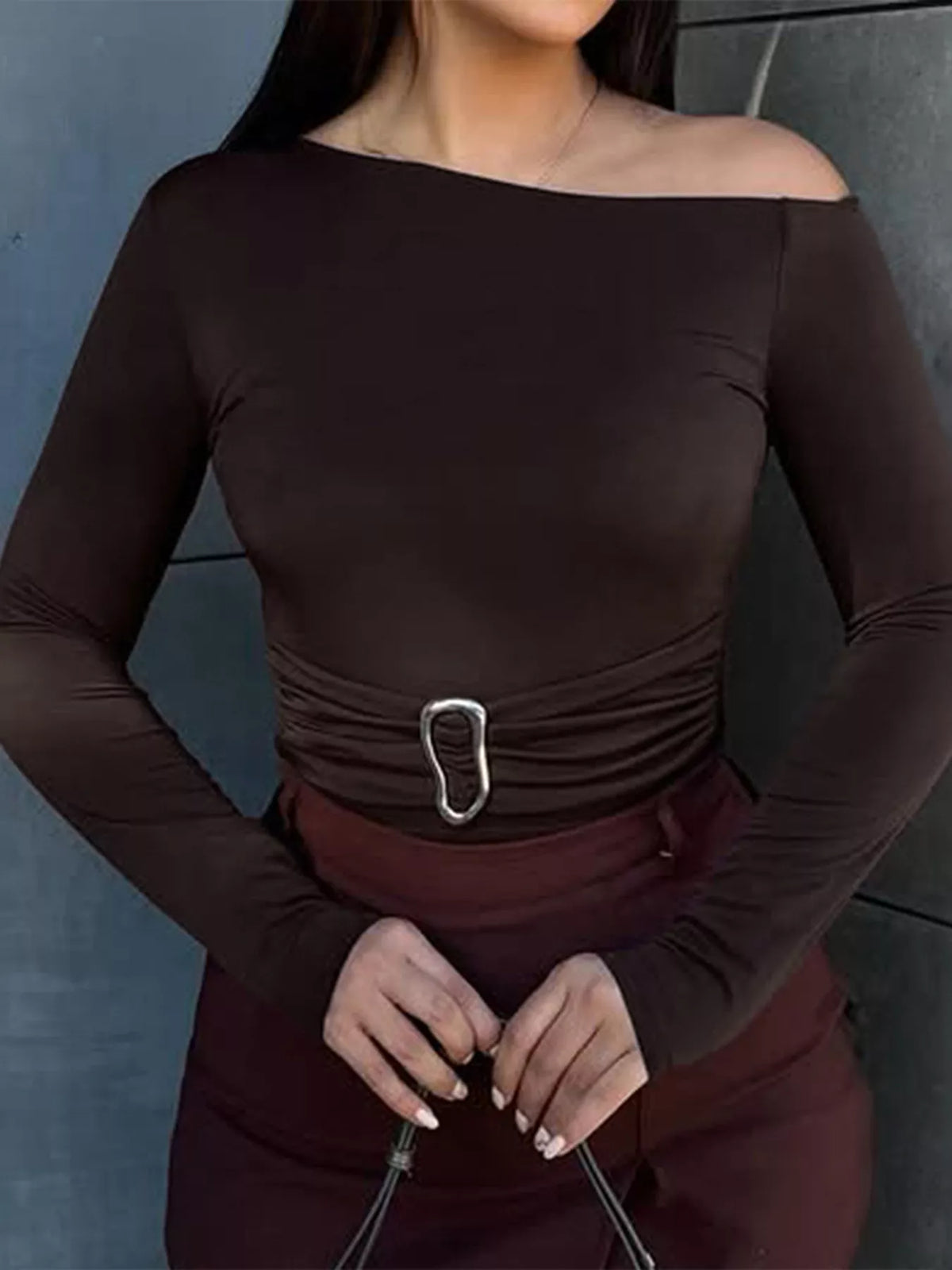 Asymmetrical One-Shoulder Long Sleeve T-Shirt with Metal Buckle Detail - Lilixa.store