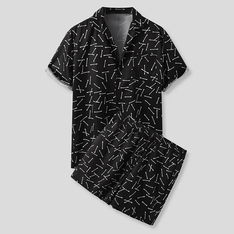 Men's Full Size Button Up Shirt and Shorts Set Plus Size in Black