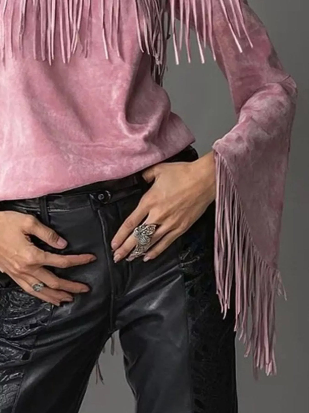 Boho Chic Off-Shoulder Fringed Suede Top, view 2