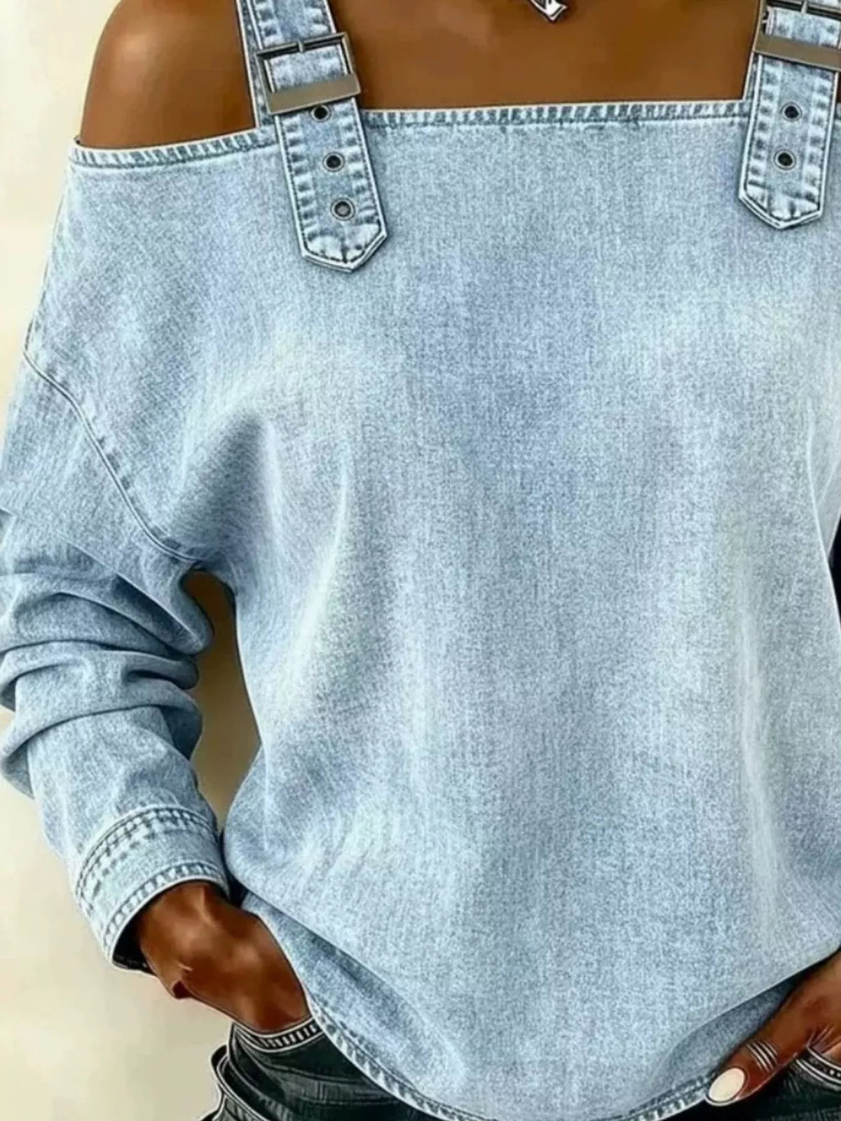 Full Size Buckle Strap Long Sleeve Denim Top Plus Size - Lilixa.store