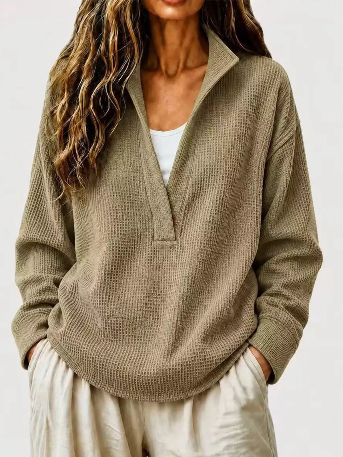Full Size Waffle Knit Dropped Shoulder Sweatshirt Plus Size