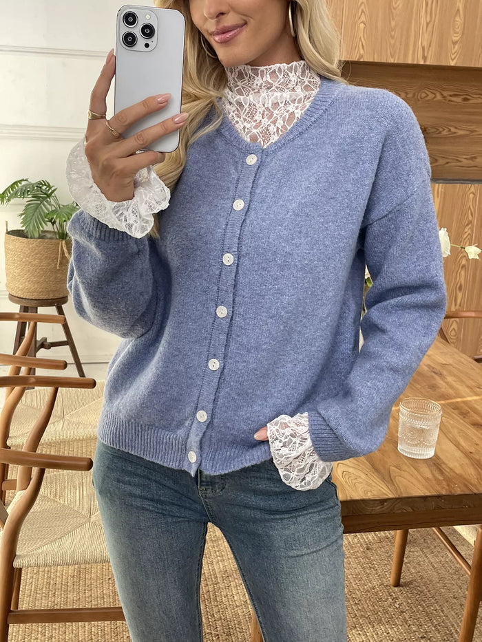 Button-Down Cardigan with Delicate Lace Trim in Dusty Blue