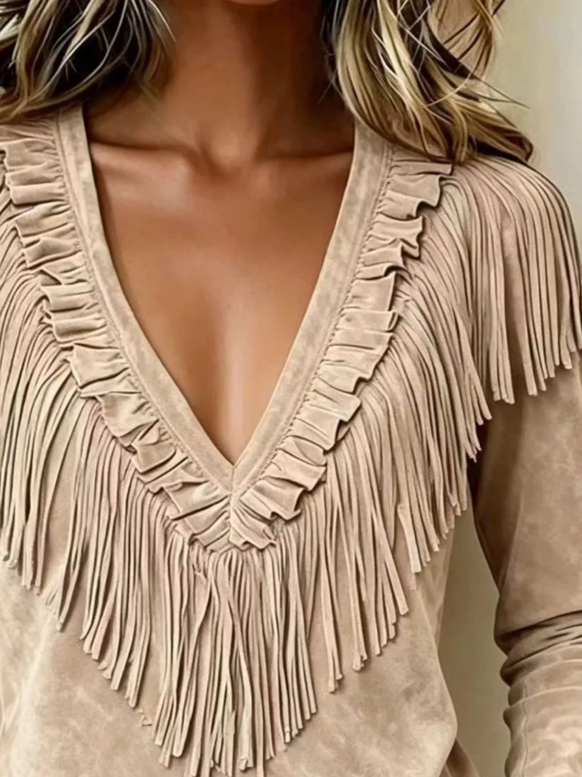Fringed V-Neck Blouse