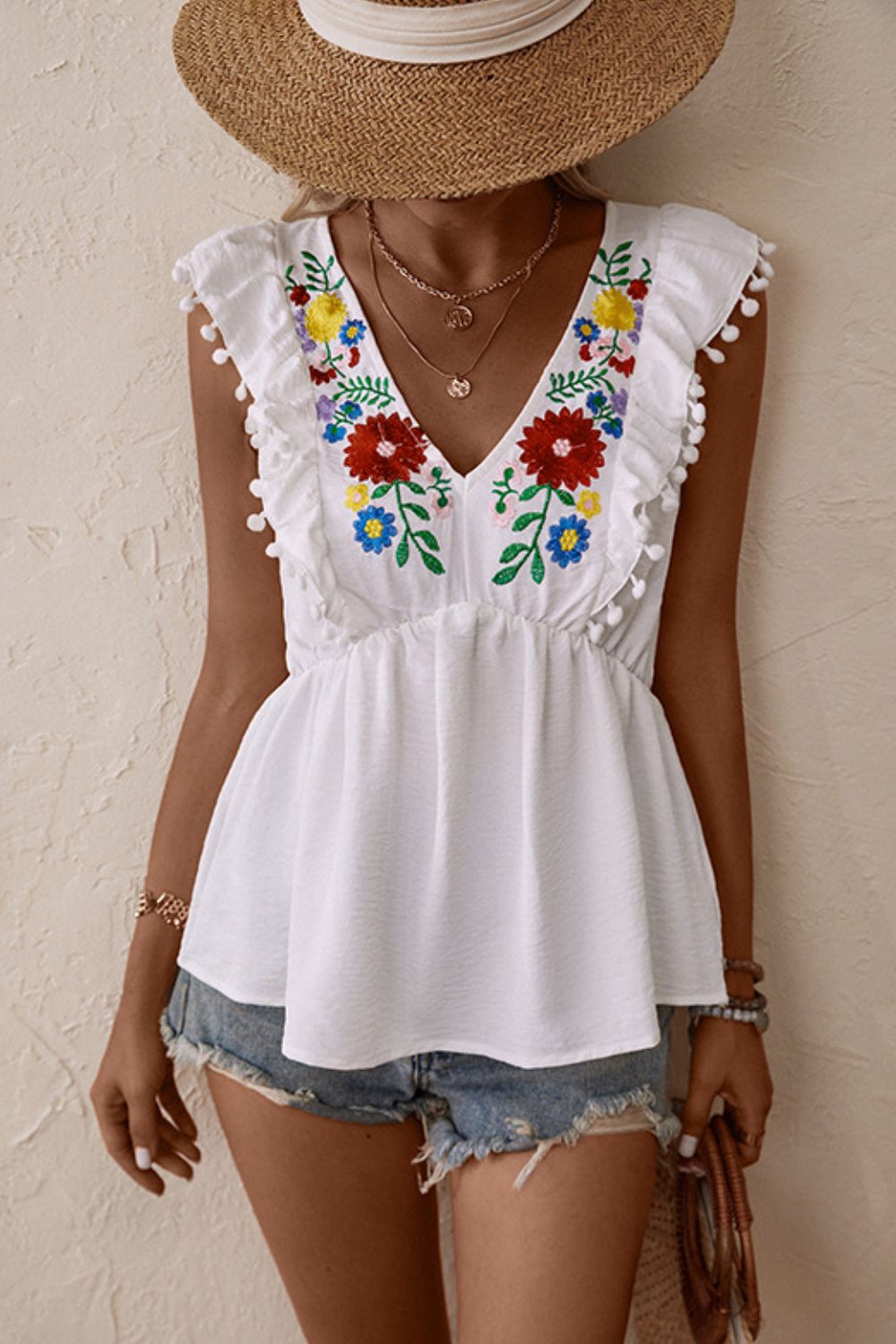 Perfee Embroidered Pom-Pom Trim Cap Sleeve Babydoll Top in White