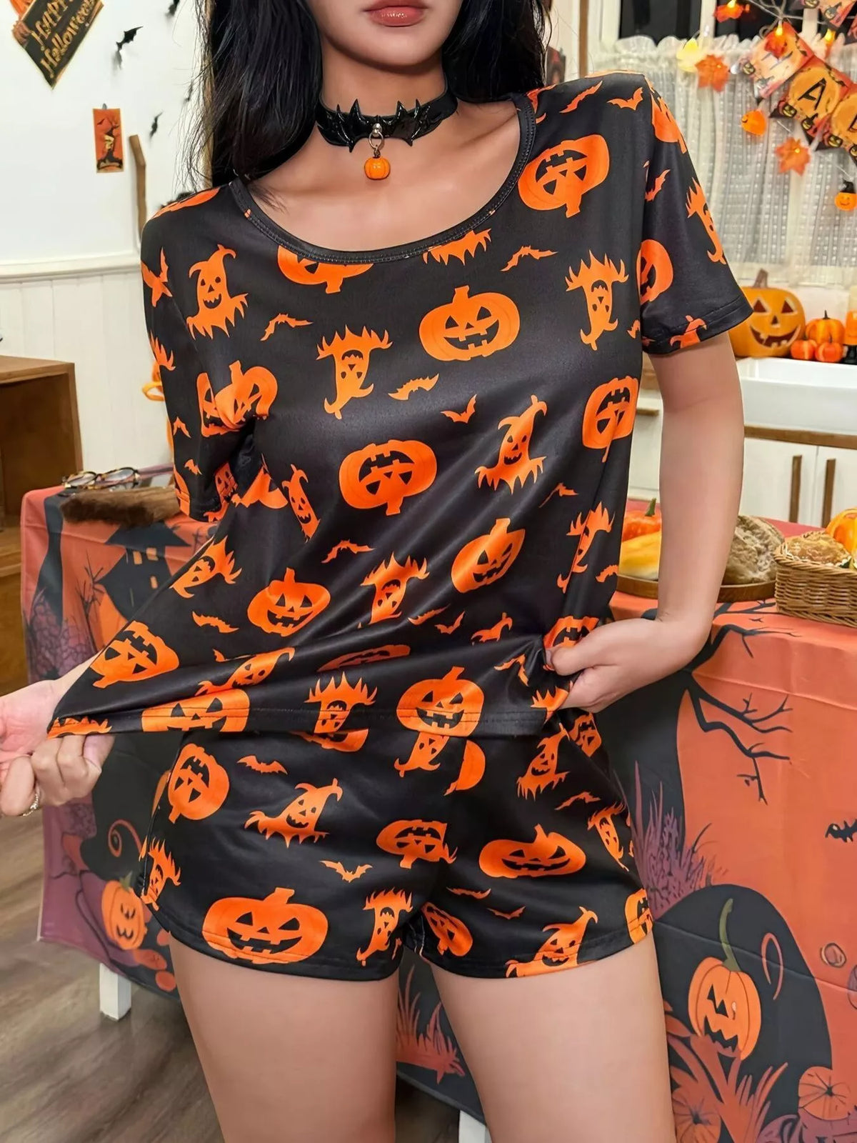 Halloween Print Short Sleeve Top and Shorts Lounge Set
