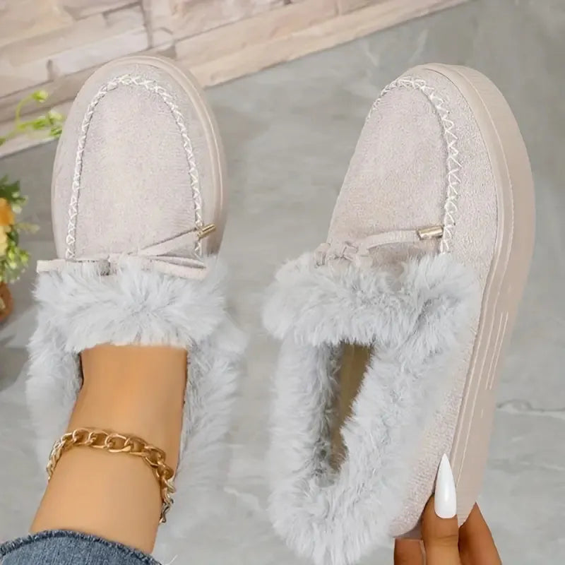 Bow Furry Round Toe Flat Slip-Ons in Gray