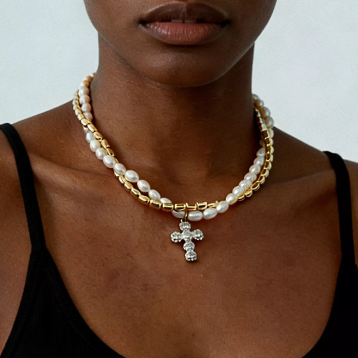 Elegant Pearl Alloy Necklace with Rhinestone Cross Pendant - Lilixa.store
